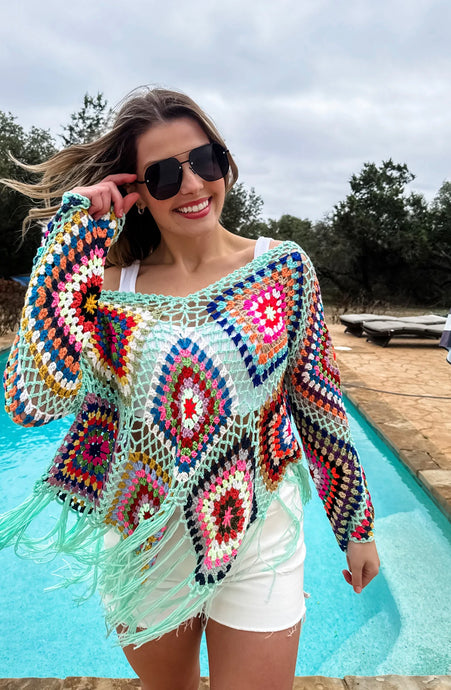 Boho Crochet Knit Top- Mint