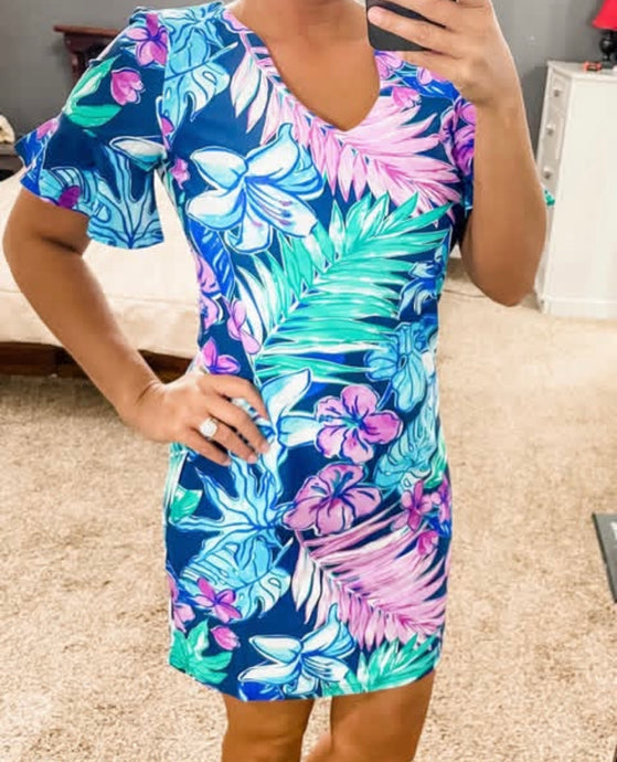 Tropical Ruffle Sleeve Dress