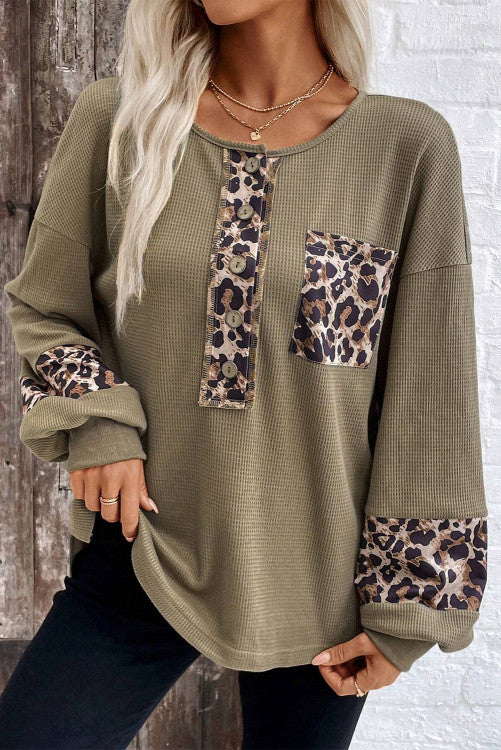 Green Leopard Waffle Top