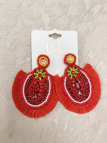 Red Beaded and Stone Earrings