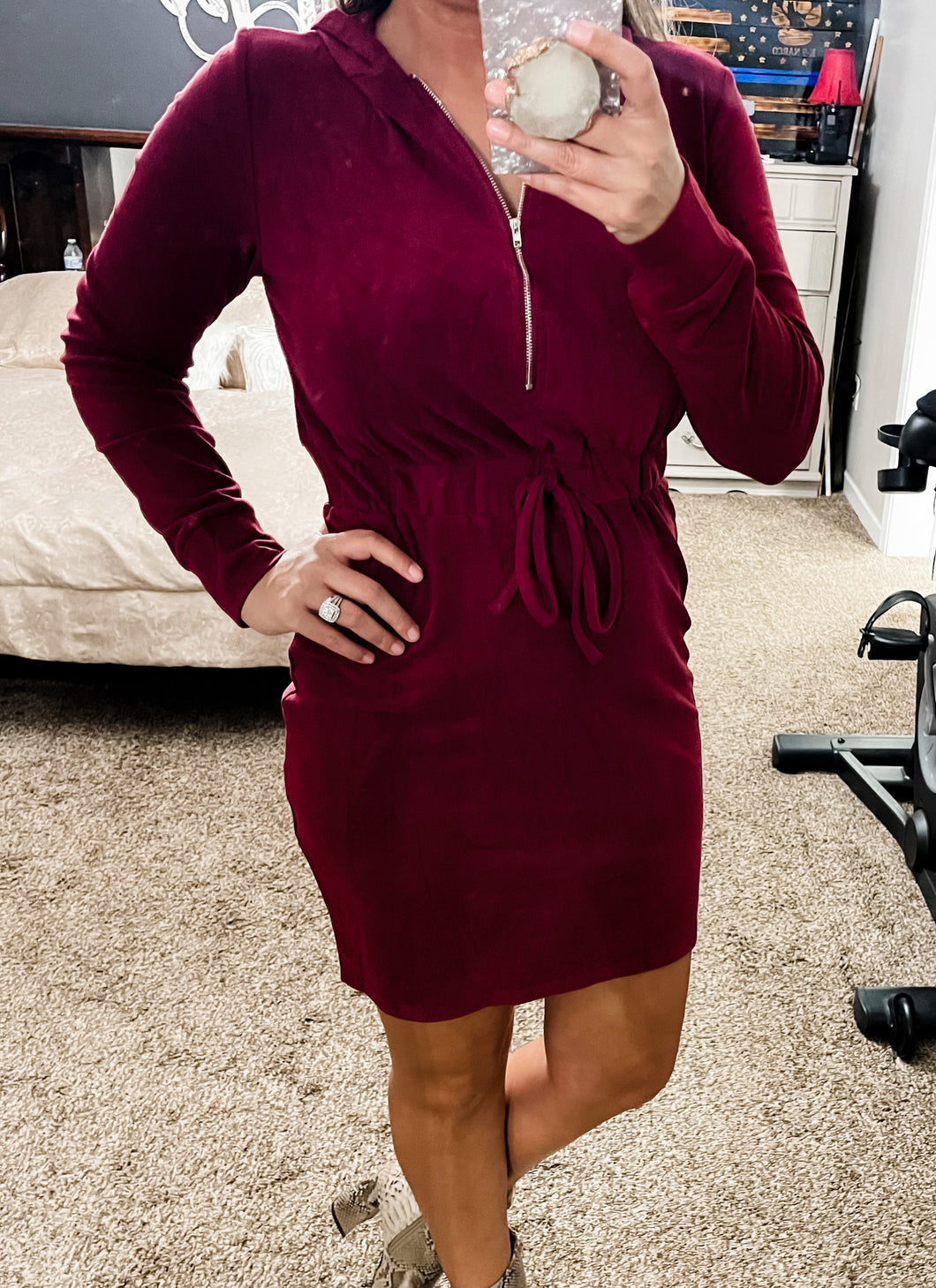 Wine Red Drawsting Hooded Dress - Raegan Nichole's Boutique